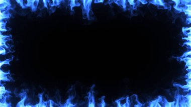 Mavi sihirli ateş ağır çekimde yanar. Siyah izole bir arkaplanda, ekranın etrafındaki ateşli çerçeve. 3d illüstrasyon