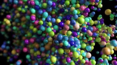 Çok renkli kürelerin hareket ettiği siyah izole arkaplan üzerine soyut bir arkaplan. Ultra gerçekçi 3D çizim geometrik bileşimi. Modern moda postmodern tasarım.