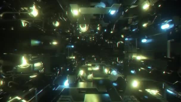 Fantástico vuelo en el corredor metálico de una nave espacial. Tecnología abstracta fondo geométrico futurista con lámparas de neón luminosas. Lazo inconsútil 3d render — Vídeo de stock