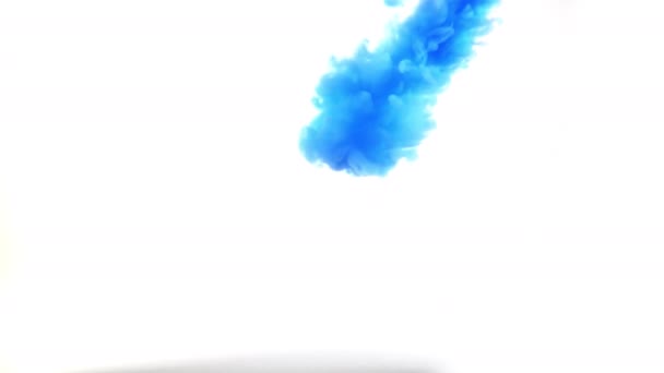Blauwe kleur verf inkt druppels in water slow motion video. Stinkende wolk wervelend onder water. Abstracte rookexplosie op witte geïsoleerde achtergrond — Stockvideo