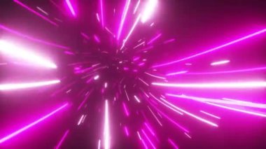 Soyut parlak neon teknoloji tünelinde uçuyorlar. Modern ışık. Veri uzayında hiper sıçrama. Denizciler 3D döngü çizer. Modern ultraviyole ışık spektrumu.