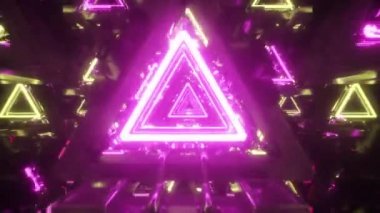 Üçgenli metal fütüristik koridorda soyut uçuşlar, dikişsiz döngü 4k arkaplan, floresan ultraviyole ışık, lazer neon hatları, geometrik sonsuz tünel, sarı pembe spektrum, 3d render