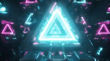 Fütüristik metal koridorda üçgenler, dikişsiz döngü 4k arkaplan, floresan ultraviyole ışık, lazer neon hatları, geometrik sonsuz tünel, mavi pembe spektrum, 3d render