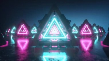 Fütüristik metal koridorda üçgenler, dikişsiz döngü 4k arkaplan, floresan ultraviyole ışık, lazer neon hatları, geometrik sonsuz tünel, mavi pembe spektrum, 3d render