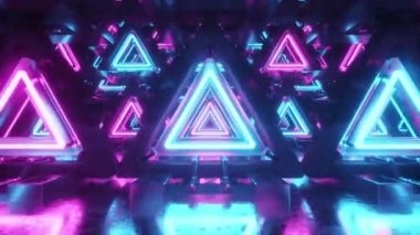Fütüristik metal koridorda üçgenler, dikişsiz döngü 4k arkaplan, floresan ultraviyole ışık, lazer neon hatları, geometrik sonsuz tünel, mavi pembe spektrum, 3d render