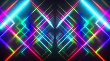 Fütüristik koridor arka planında soyut uçuş, floresan ultraviyole ışık, ayna çizgileri lazer neon hatları, geometrik sonsuz tünel, dikişsiz döngü 3D görüntüleme, çok renkli spektrum
