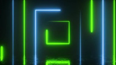 Kusursuz görünen neon renkli küpün soyut arkaplanı. Çizik metal zemindeki yansıma. Flüoresan modern ışık. Kusursuz 3D döngü oluşturucu.