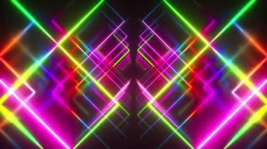 Fütüristik koridor arka planında soyut uçuş, floresan ultraviyole ışık, ayna çizgileri lazer neon hatları, geometrik sonsuz tünel, dikişsiz döngü 3D görüntüleme, çok renkli spektrum