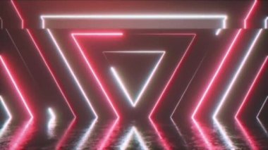 Kusursuz görünen neon renkli küpün soyut arkaplanı. Çizik metal zemindeki yansıma. Retro video efekti, eski 90 'ların Vhs video kaseti. Kusursuz 3D döngü oluşturucu.