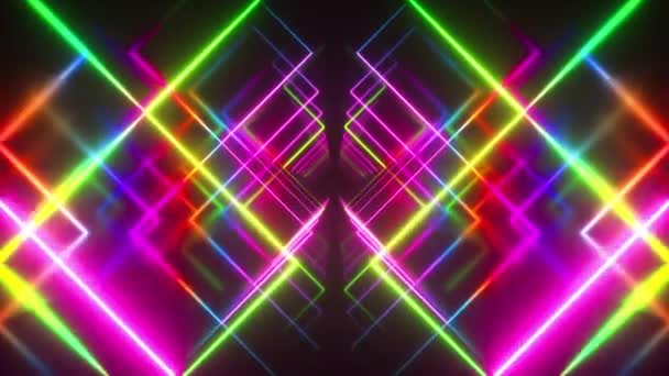 Abstrakt flyger i futuristisk korridor bakgrund, fluorescerande ultraviolett ljus, spegellinjer laser neonlinjer, geometriska ändlösa tunnel, sömlös loop 3d render, flerfärgat spektrum — Stockvideo