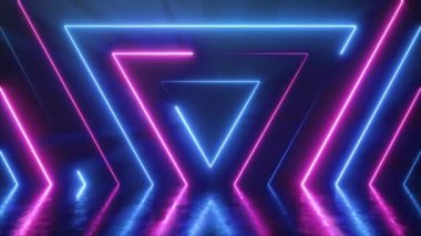 Kusursuz görünen neon renkli üçgenlerin soyut arka planı. Çizik metal zemindeki yansıma. Floresan ultraviyole modern ışık. Kusursuz 3D döngü oluşturucu.