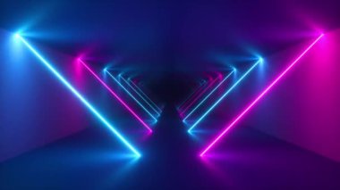Sonsuz tünelde uçmak, soyut renkli neon arka plan, ultraviyole ışık, parlayan çizgiler, sanal gerçeklik arayüzü, çerçeveler, hud, pembe mavi tayf, lazer ışınları. Kusursuz 3D döngü oluşturucu