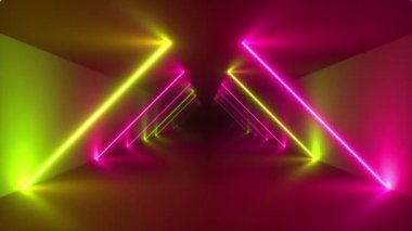 Sonsuz tünelde uçmak, soyut renkli neon arka plan, ultraviyole ışık, parlayan çizgiler, sanal gerçeklik arayüzü, çerçeveler, hud, pembe sarı spektrum, lazer ışınları. Kusursuz 3D döngü oluşturucu