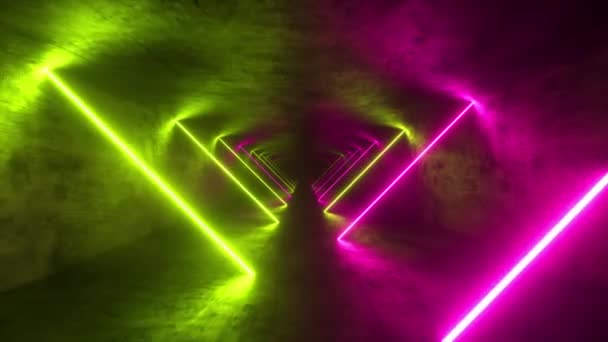 Volare in tunnel metallico infinito, astratto sfondo al neon colorato, luce ultravioletta, linee luminose, interfaccia realtà virtuale, cornici, hud, rosa spettro blu, raggi laser. loop senza soluzione di continuità rendering 3d — Video Stock