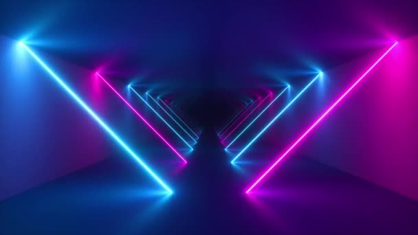 Volando en túnel sin fin, fondo de neón colorido abstracto, luz ultravioleta, líneas brillantes, interfaz de realidad virtual, marcos, hud, espectro azul rosado, rayos láser. Lazo inconsútil 3d render — Vídeo de stock