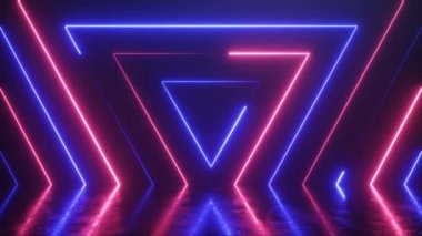 Kusursuz görünen neon renkli üçgenlerin soyut arka planı. Çizik metal zemindeki yansıma. Floresan ultraviyole modern ışık. Kusursuz 3D döngü oluşturucu.