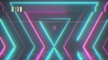 Kusursuz görünen neon renkli küpün soyut arkaplanı. Çizik metal zemindeki yansıma. Retro video efekti, eski 90 'ların Vhs video kaseti. Kusursuz 3D döngü oluşturucu.