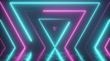 Kusursuz görünen neon renkli üçgenlerin soyut arka planı. Çizik metal zemindeki yansıma. Floresan ultraviyole modern ışık. Kusursuz 3D döngü oluşturucu.