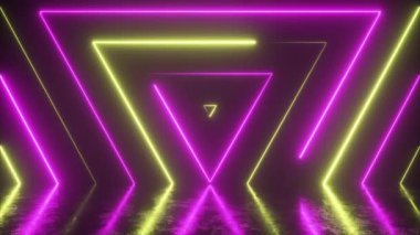 Kusursuz görünen neon renkli küpün soyut arkaplanı. Çizik metal zemindeki yansıma. Flüoresan modern ışık. Kusursuz 3D döngü oluşturucu.