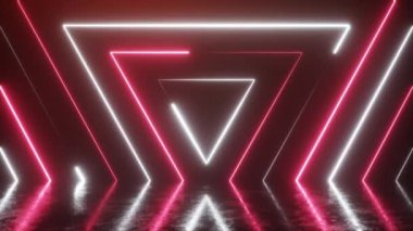 Kusursuz görünen neon renkli küpün soyut arkaplanı. Çizik metal zemindeki yansıma. Flüoresan modern ışık. Kusursuz 3D döngü oluşturucu.