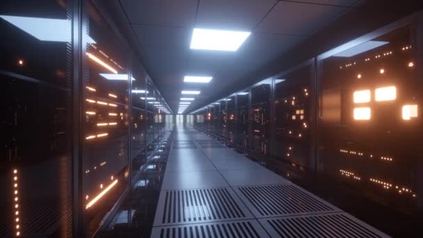 Big-Data-Server. Datenlösungen. Serverraum mit funktionsfähigen flackernden Paneelen hinter Glas. Rechenzentrum und Internet. — Stockvideo