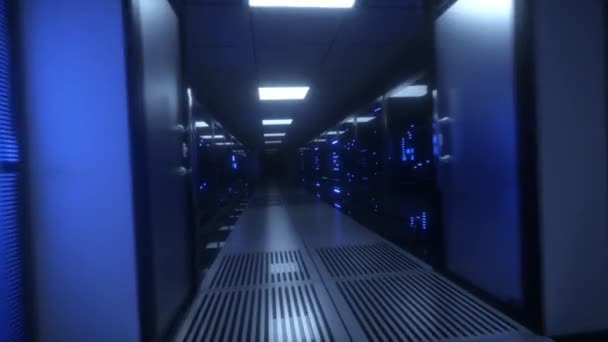 Endless flight along server blocks. Data center and internet. Server rooms with working flickering panels behind the glass. Technology corridor. Camera shaking. Seamless loop 3d render — Stock Video
