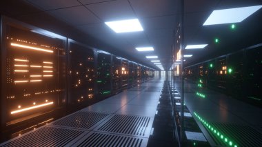 Büyük veri sunucuları. Veri Çözümleri. Camın arkasında titreşen paneller olan sunucu odası. Veri merkezi ve internet. 3d illüstrasyon
