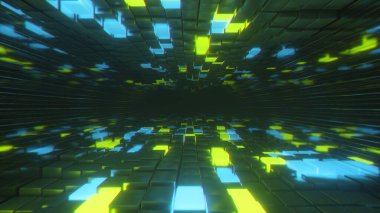 Sonsuz neon ve metal küpler içinde soyut uçuşlar. Modern mavi renk ışık tayfı. Cam metal duvarlar. 3d illüstrasyon