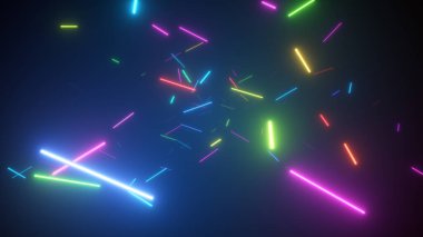 Floresan neon lambaları arasında uzayda sonsuz uçuş. Modern gökkuşağı tayfı. 3d illüstrasyon