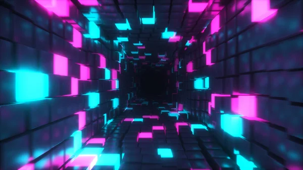 概要未来的な廊下 3Dイラストの背景 蛍光紫外光 輝くカラフルなネオンキューブ 幾何学的な無限のトンネル 青いピンクのスペクトルで飛ぶ — ストック写真