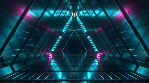 Absztrakt Végtelen Repülés Egy Futurisztikus Geometrikus Fémfolyosón Háromszögekből Modern Kék — Stock Fotó