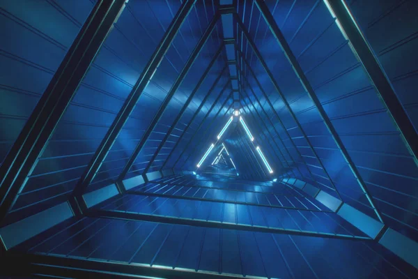 Voando Através Triângulos Néon Brilhante Criando Túnel Iluminação Colorida Moderna — Fotografia de Stock