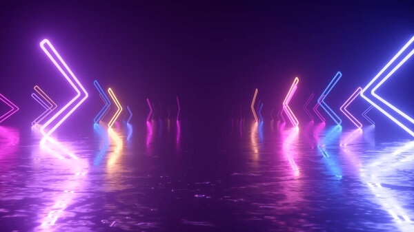 Быстрый полет в космосе с направлением движения неоновых стрел. Абстрактный лазерный фон. 3d иллюстрация
