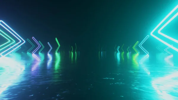 Snelle Vlucht Ruimte Met Bewegingsrichting Van Neon Pijlen Abstracte Laserachtergrond — Stockfoto