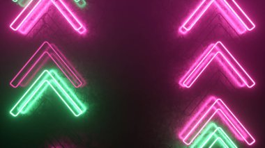 Metal yüzeydeki parlak neon oklar hareketin yönünü gösteriyor. Soyut lazer arkaplanı. 3d illüstrasyon
