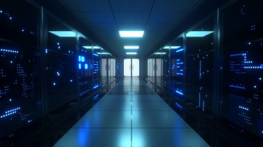 Büyük veri sunucuları. Veri Çözümleri. Camın arkasında titreşen paneller olan sunucu odası. Veri merkezi ve internet. 3d illüstrasyon