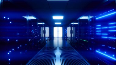 Büyük veri sunucuları. Veri Çözümleri. Camın arkasında titreşen paneller olan sunucu odası. Veri merkezi ve internet. 3d illüstrasyon