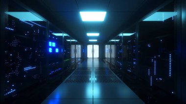 Büyük veri sunucuları. Veri Çözümleri. Camın arkasında titreşen paneller olan sunucu odası. Veri merkezi ve internet. 3d illüstrasyon