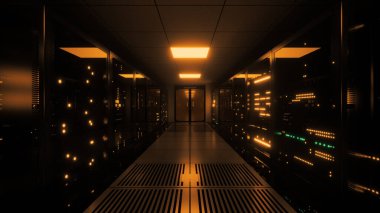 Büyük veri sunucuları. Veri Çözümleri. Camın arkasında titreşen paneller olan sunucu odası. Veri merkezi ve internet. 3d illüstrasyon