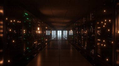 Büyük veri sunucuları. Veri Çözümleri. Camın arkasında titreşen paneller olan sunucu odası. Veri merkezi ve internet. Dolly yakınlaştırma efekti 3d illüstrasyon