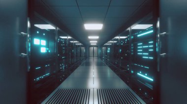 Sunucu blokları boyunca sonsuz uçuş. Veri merkezi ve internet. Camın arkasında titreşen paneller olan sunucu odaları. Teknoloji koridoru. 3d illüstrasyon