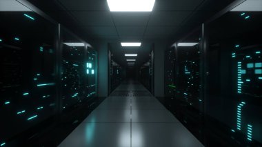 Sunucu blokları boyunca sonsuz uçuş. Veri merkezi ve internet. Camın arkasında titreşen paneller olan sunucu odaları. Teknoloji koridoru. 3d illüstrasyon