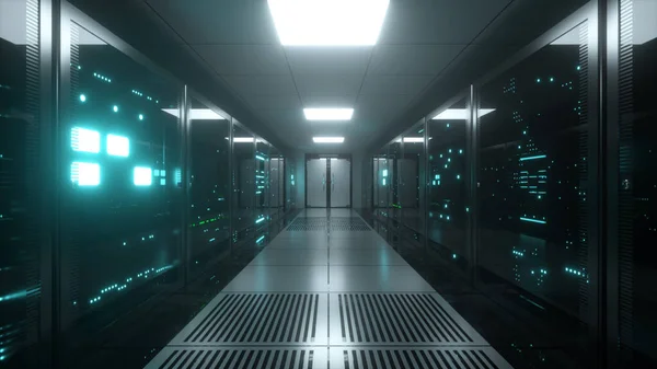 Endless flight on server blocks. Data center and internet with opening doors. Server rooms with working flickering panels behind the glass. Technological corridor.3d illustration