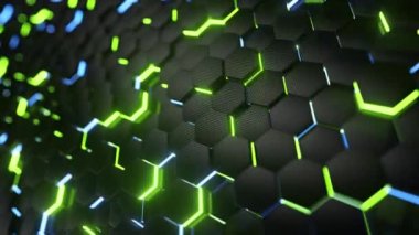 Altıgen desenli soyut moda bilim kurgu teknolojisi geçmişi. Altıgenli fütüristik yüzey kavramı. Kusursuz 3D döngü oluşturucu.