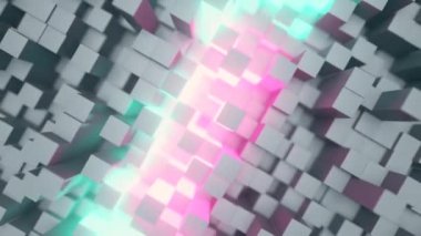 İş sunumları için soyut teknoloji geçmişi. Rastgele hareket eden küpler. Ortasında parlak neon parıltısı var. Kusursuz 3D döngü oluşturucu