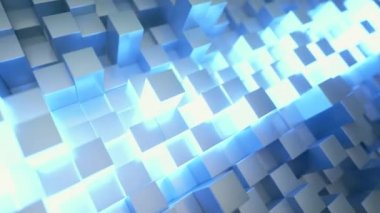 İş sunumları için soyut teknoloji geçmişi. Rastgele hareket eden küpler. Ortasında parlak neon parıltısı var. Kusursuz 3D döngü oluşturucu