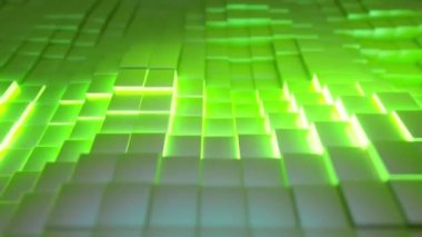 İş sunumları için soyut teknoloji geçmişi. Rastgele hareket eden küpler. Ortasında parlak neon parıltısı var. Kusursuz 3D döngü oluşturucu