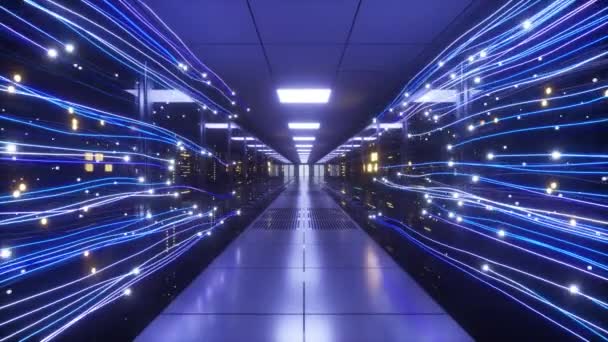 L'information numérique circule à travers le réseau et les serveurs de données derrière des panneaux de verre dans la salle des serveurs d'un centre de données ou d'un fournisseur de services Internet. Lignes numériques à grande vitesse