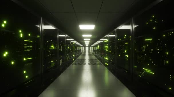 Cyfrowy przepływ informacji przez sieć i serwery danych za szklanymi panelami w serwerowni centrum danych lub dostawcy usług internetowych. Szybkie linie cyfrowe — Wideo stockowe