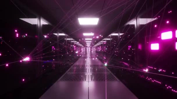 Digital information travels through fiber optic cables through the network and data servers behind glass panels in the server room of the data center. High speed digital lines — Stock Video